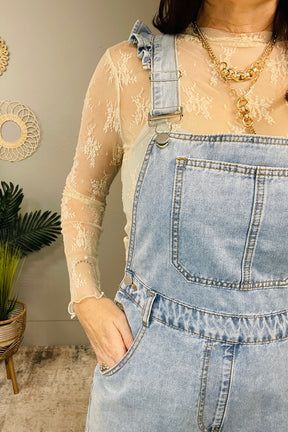 Overall Icon Ruffle Shoulder Denim Overall Romper