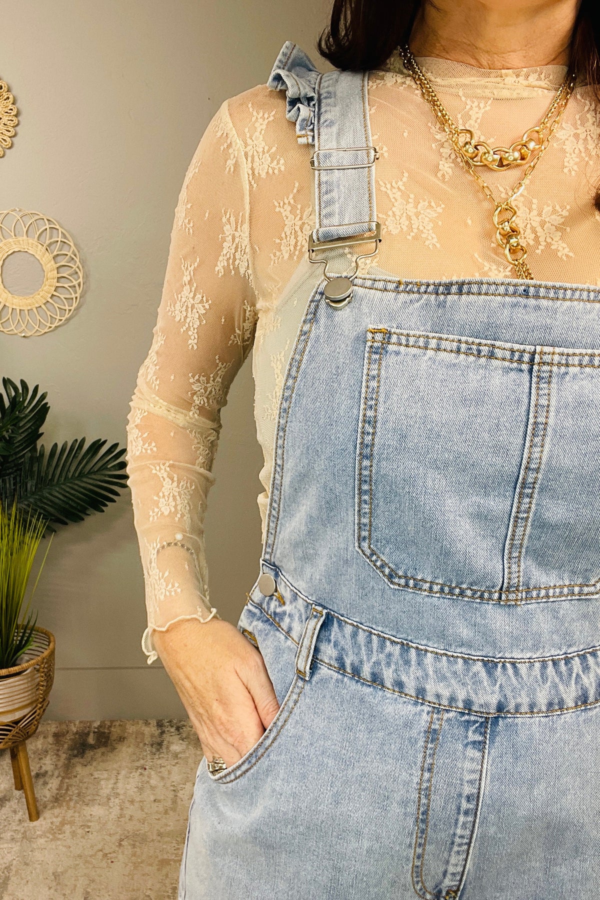 Overall Icon Ruffle Shoulder Light Denim Overall Romper - RMP877DN