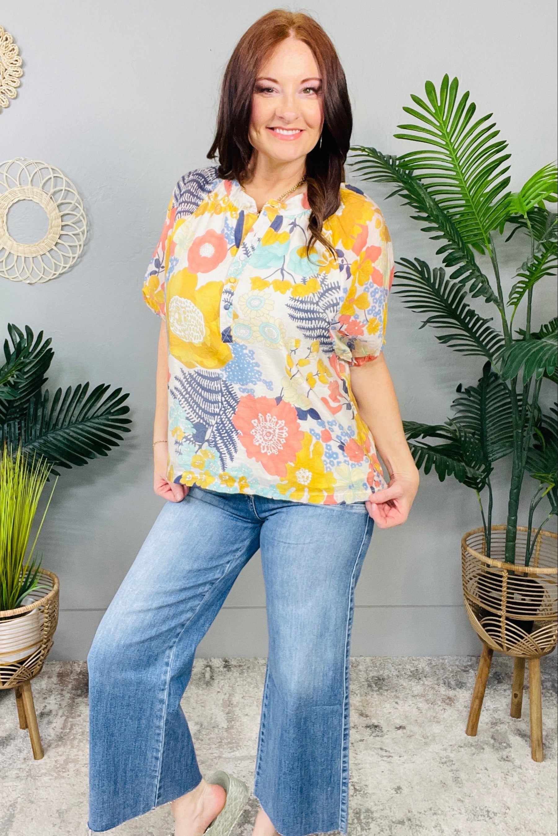 Sunset Serenade Split Neck Blouse in Honey - T11295HN
