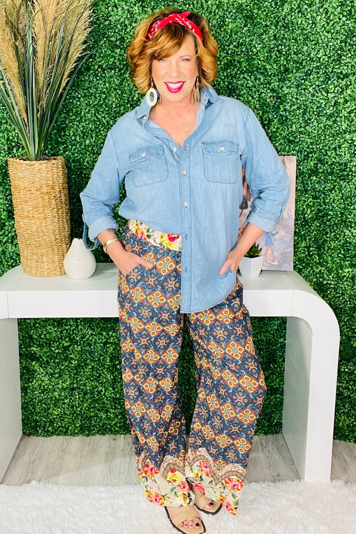 Wear The Print Teal Mixed Print Elastic Waistband Pant