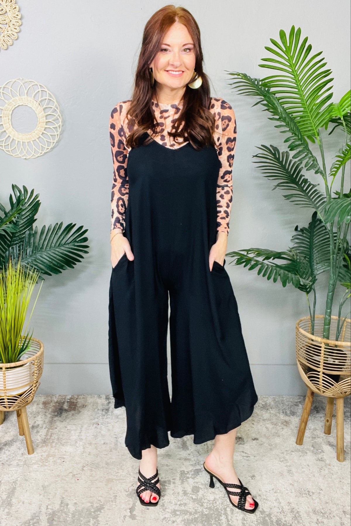 Take It Easy Spaghetti Strap Wide Leg Overalls with Pockets
