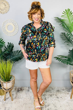 Full Spectrum Abstract Print 3/4 Puff Sleeve Top