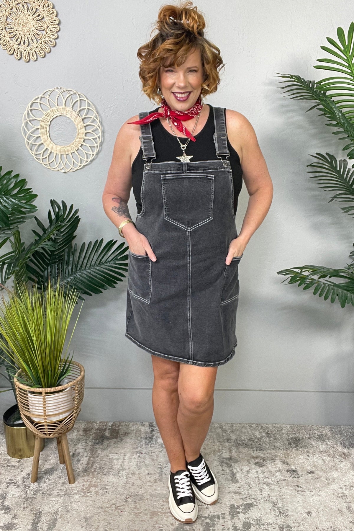 Over The Top Wide Strap Denim Overall Dress with Pockets