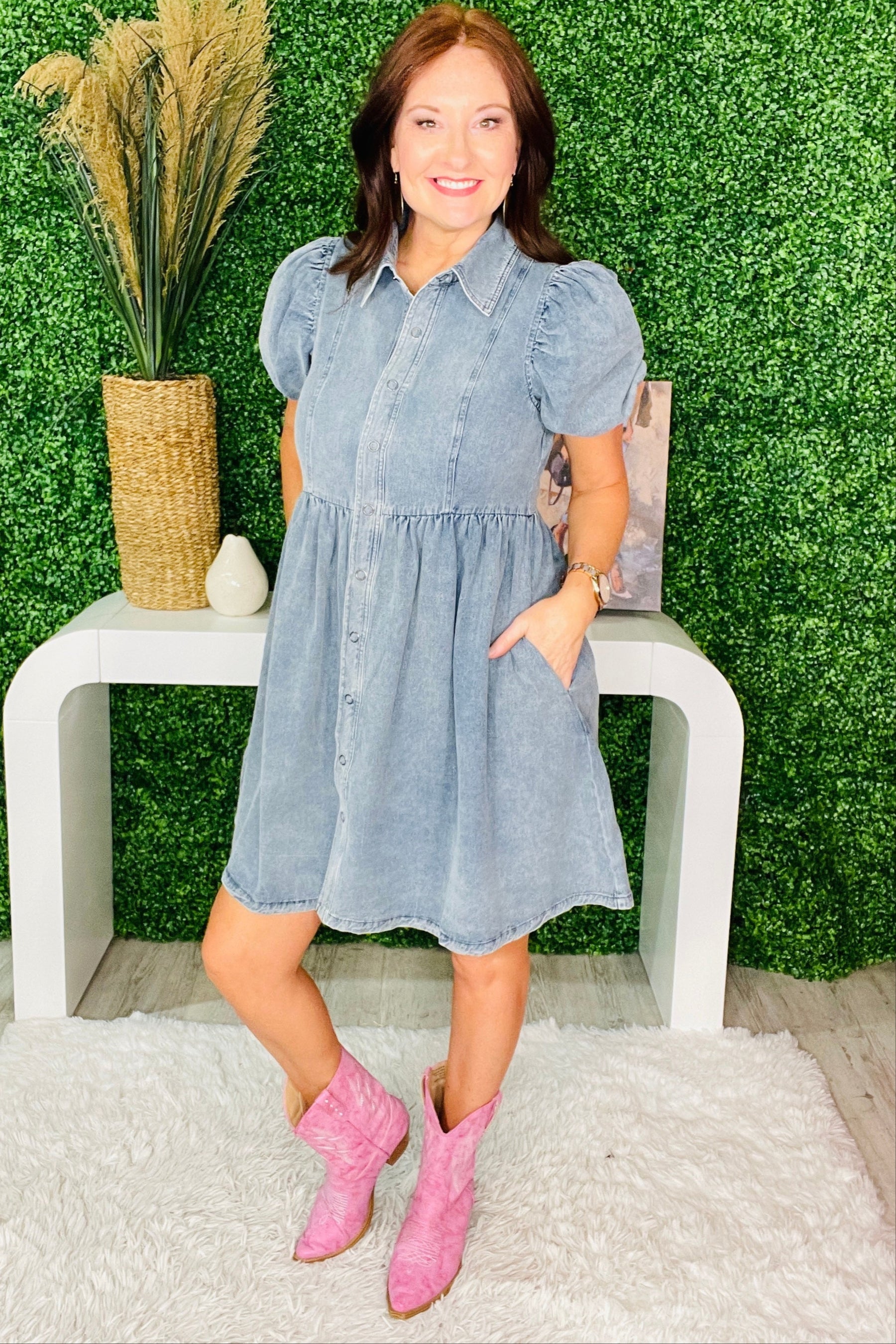 Denim Life Button Down Puff Sleeve Denim Dress