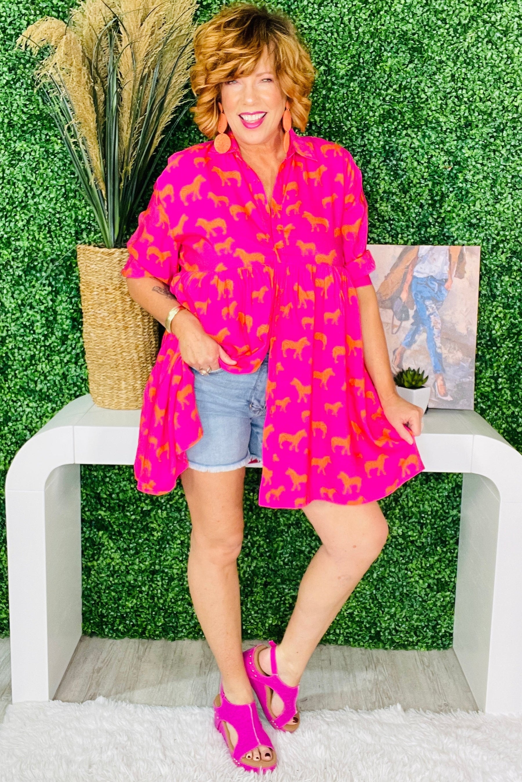 Keep It Wild Hot Pink Button Down Shirt Mini Dress
