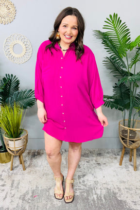 Signature Style Hot Pink 3/4 Sleeve Buttoned Shirt Dress