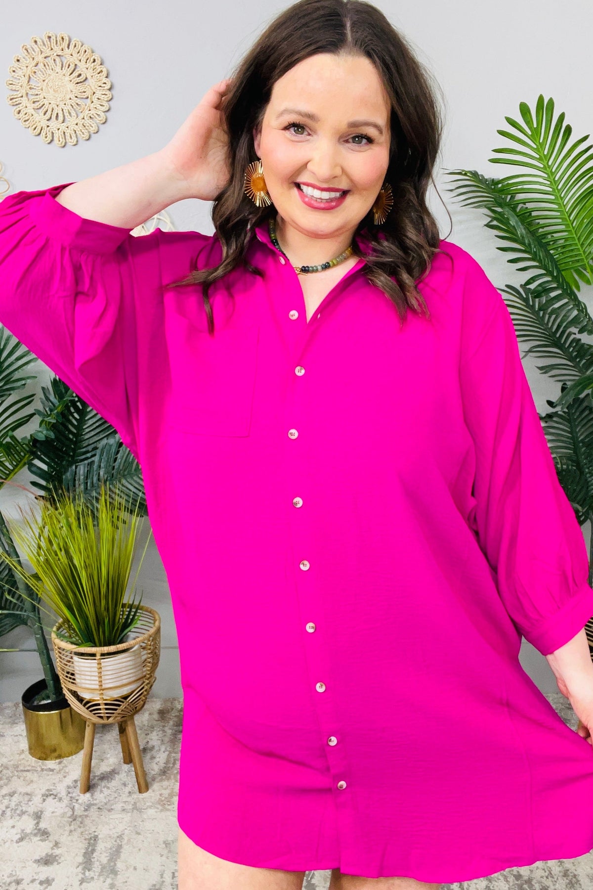 Signature Style Hot Pink 3/4 Sleeve Buttoned Shirt Dress
