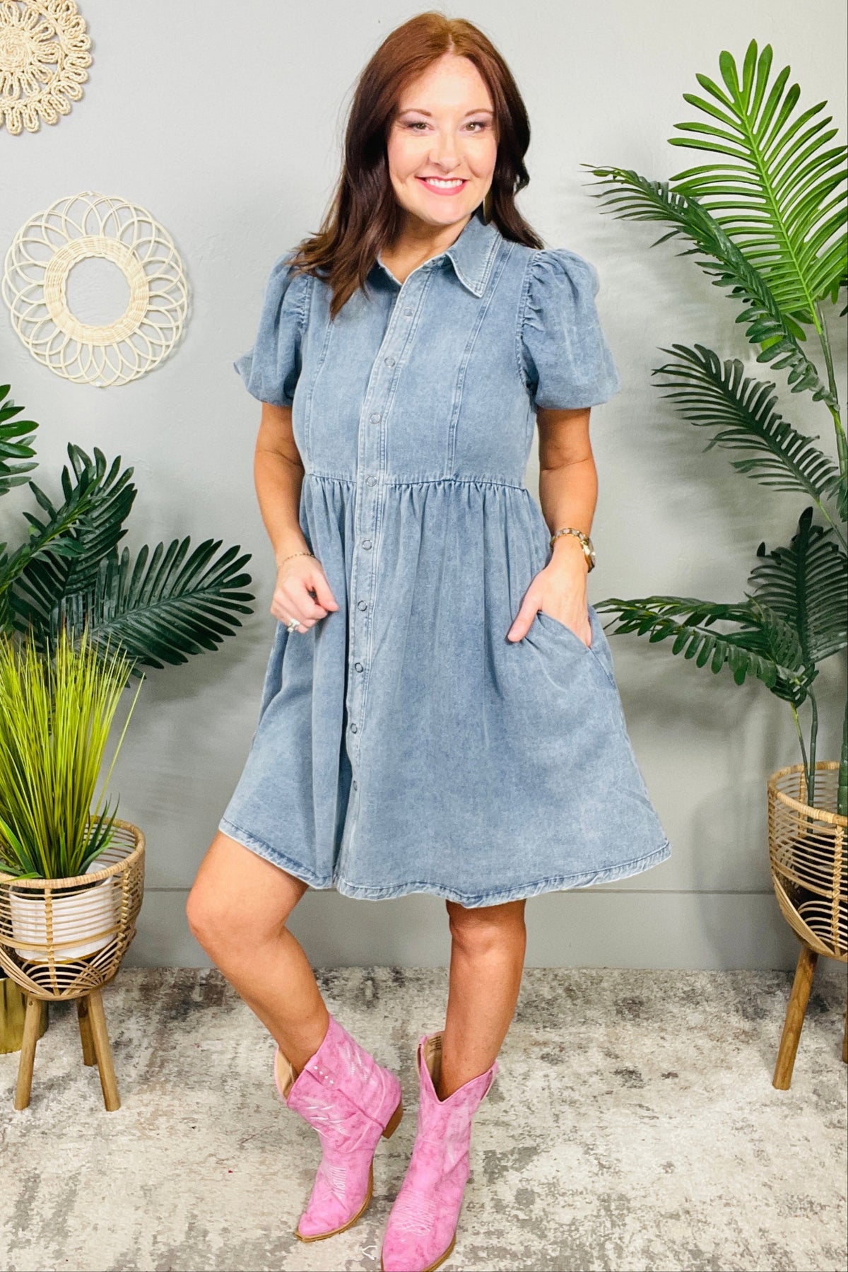 Denim Life Button Down Puff Sleeve Denim Dress