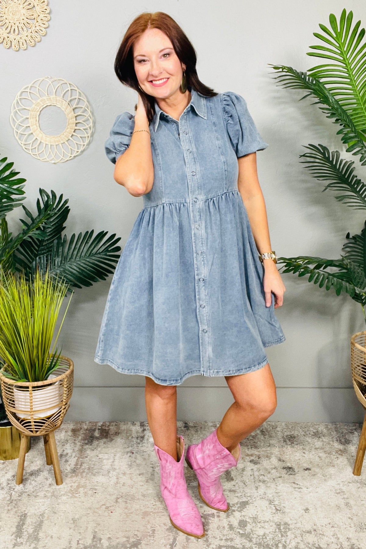 Denim Life Button Down Puff Sleeve Denim Dress