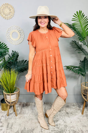 The Frill Deal Pumpkin Ruffled Button Down Tiered Dress