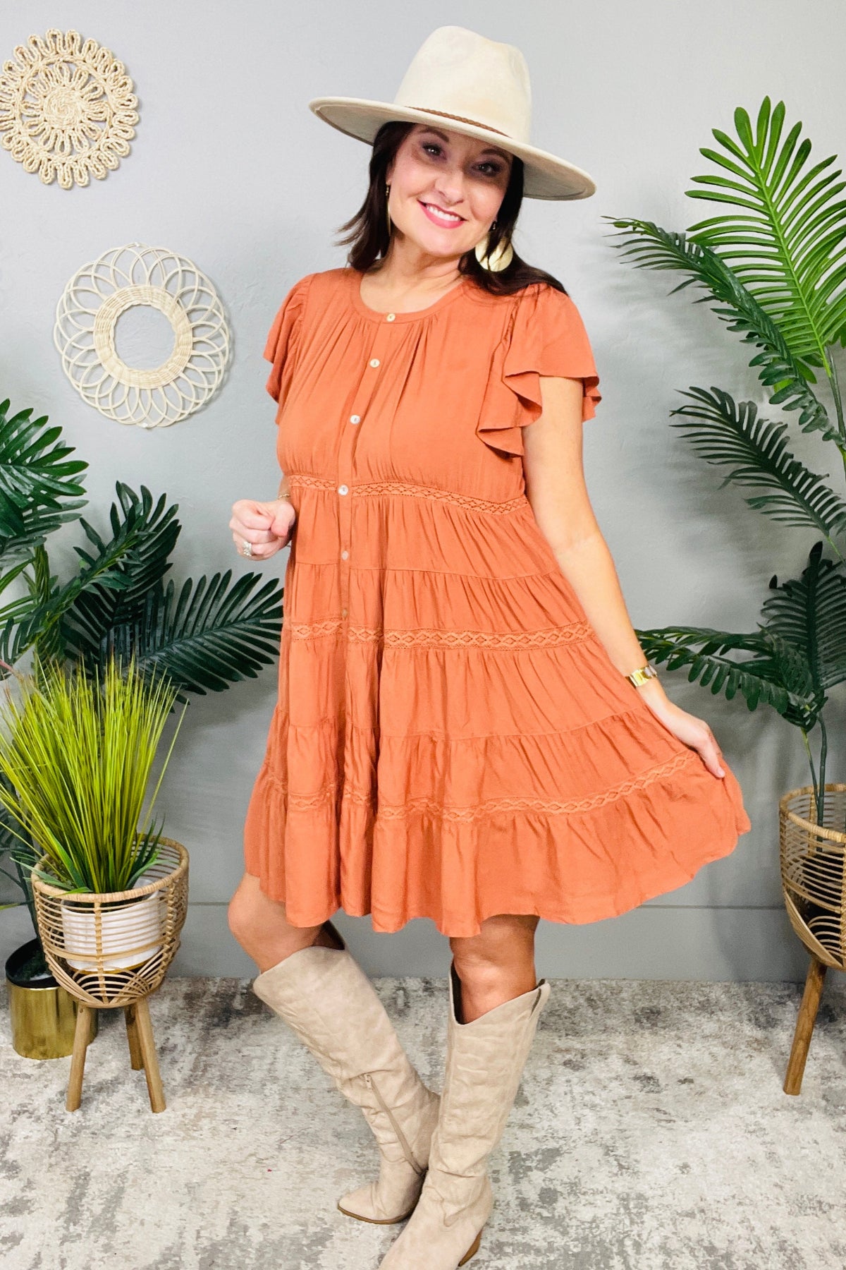The Frill Deal Pumpkin Ruffled Button Down Tiered Dress