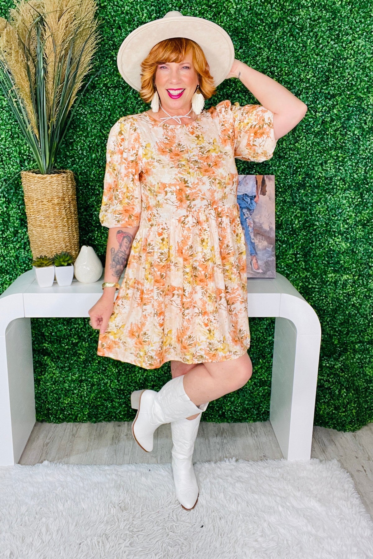 Flirty And Thriving Flower Print Linen Babydoll Dress