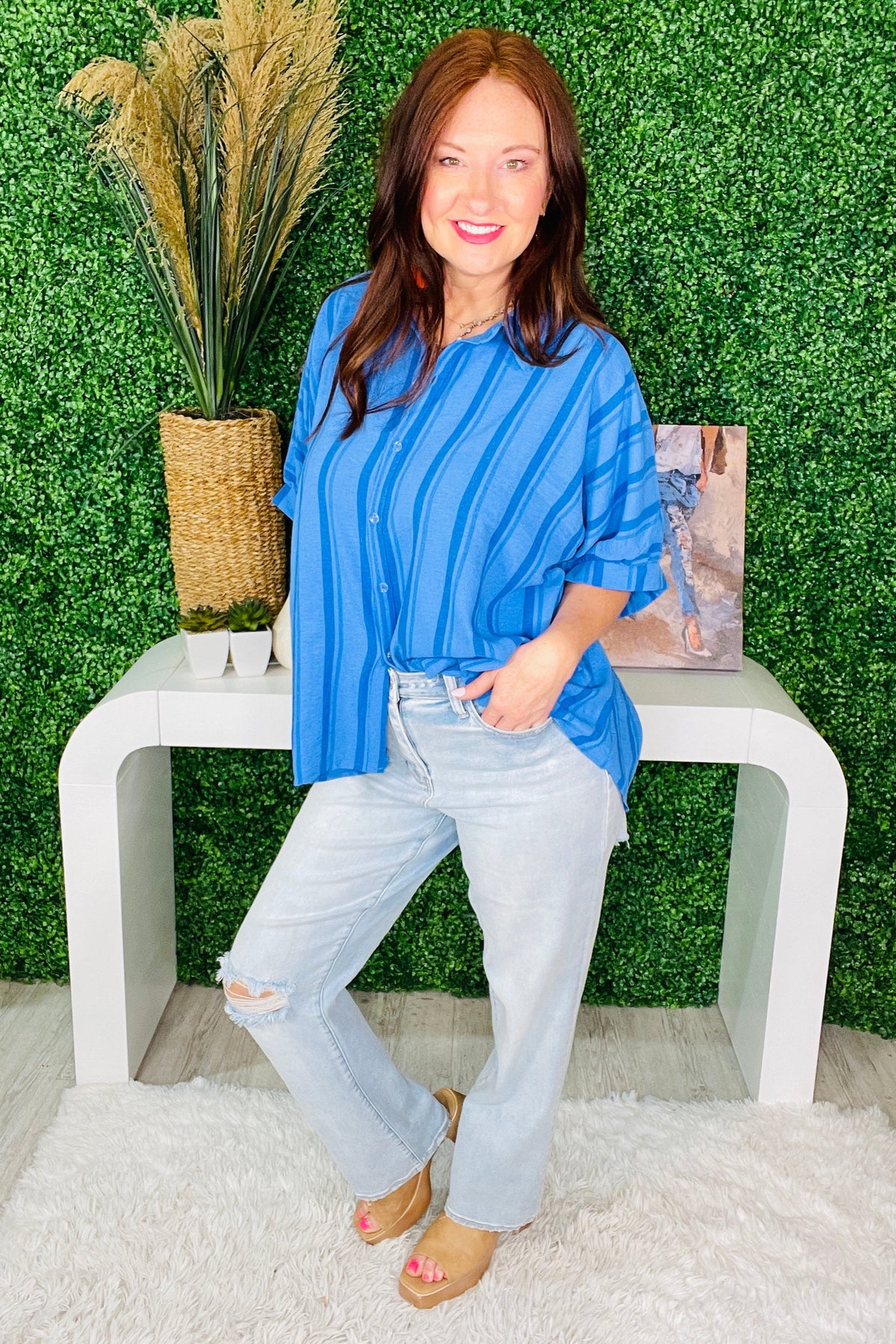 Stripe Vibes Blue Oversized Button Down Shirt