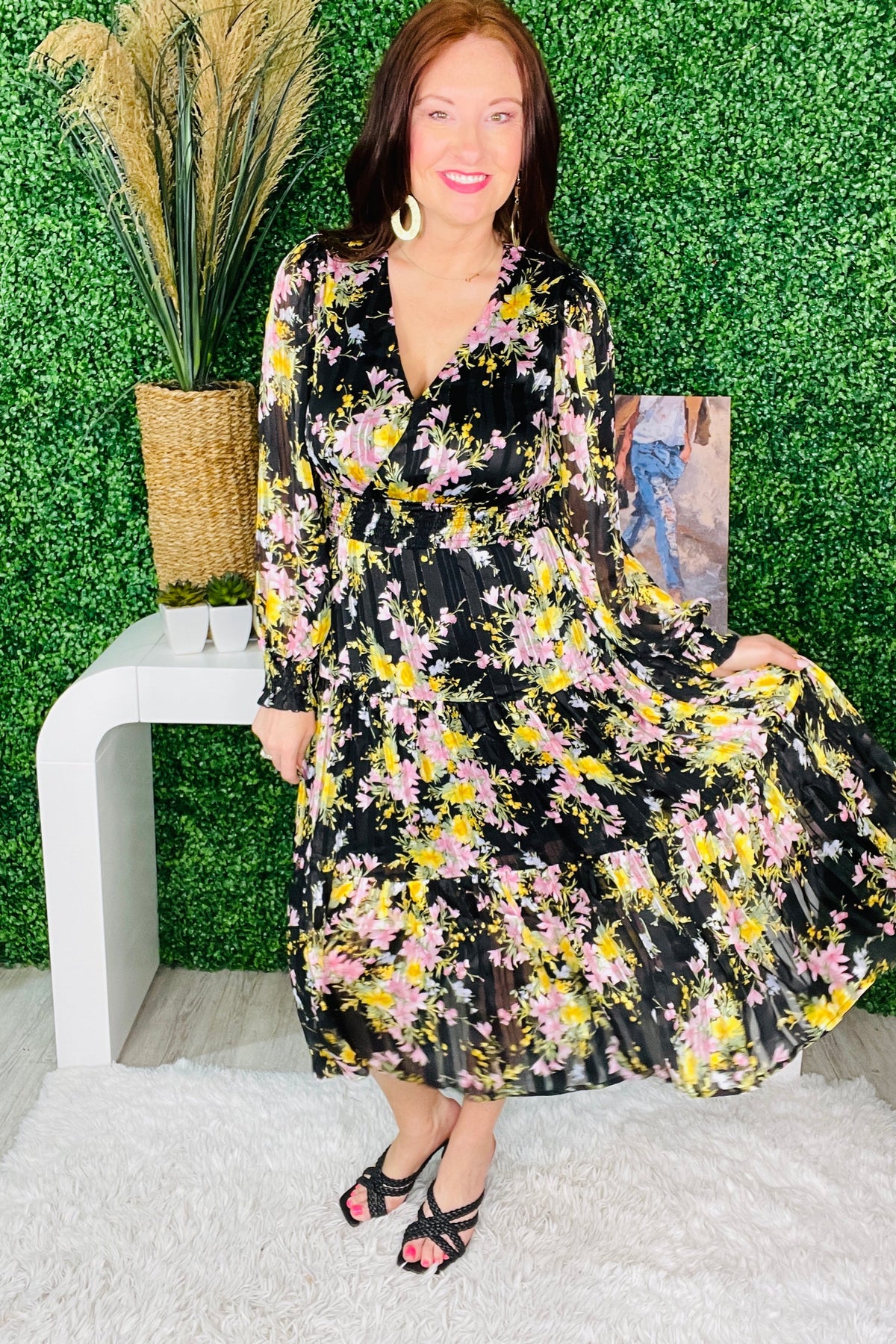 My Best Behavior Flower Print Satin Smocked Dress
