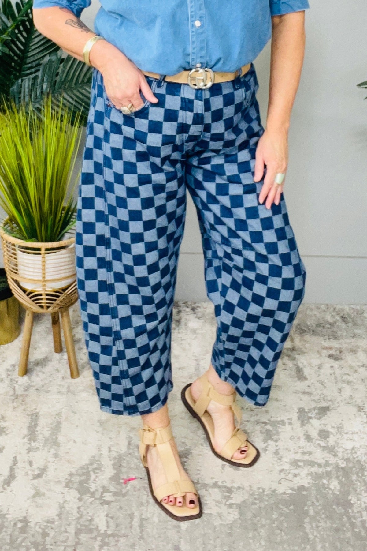 Check Please Barrel Style Leg Checkered Print Jeans
