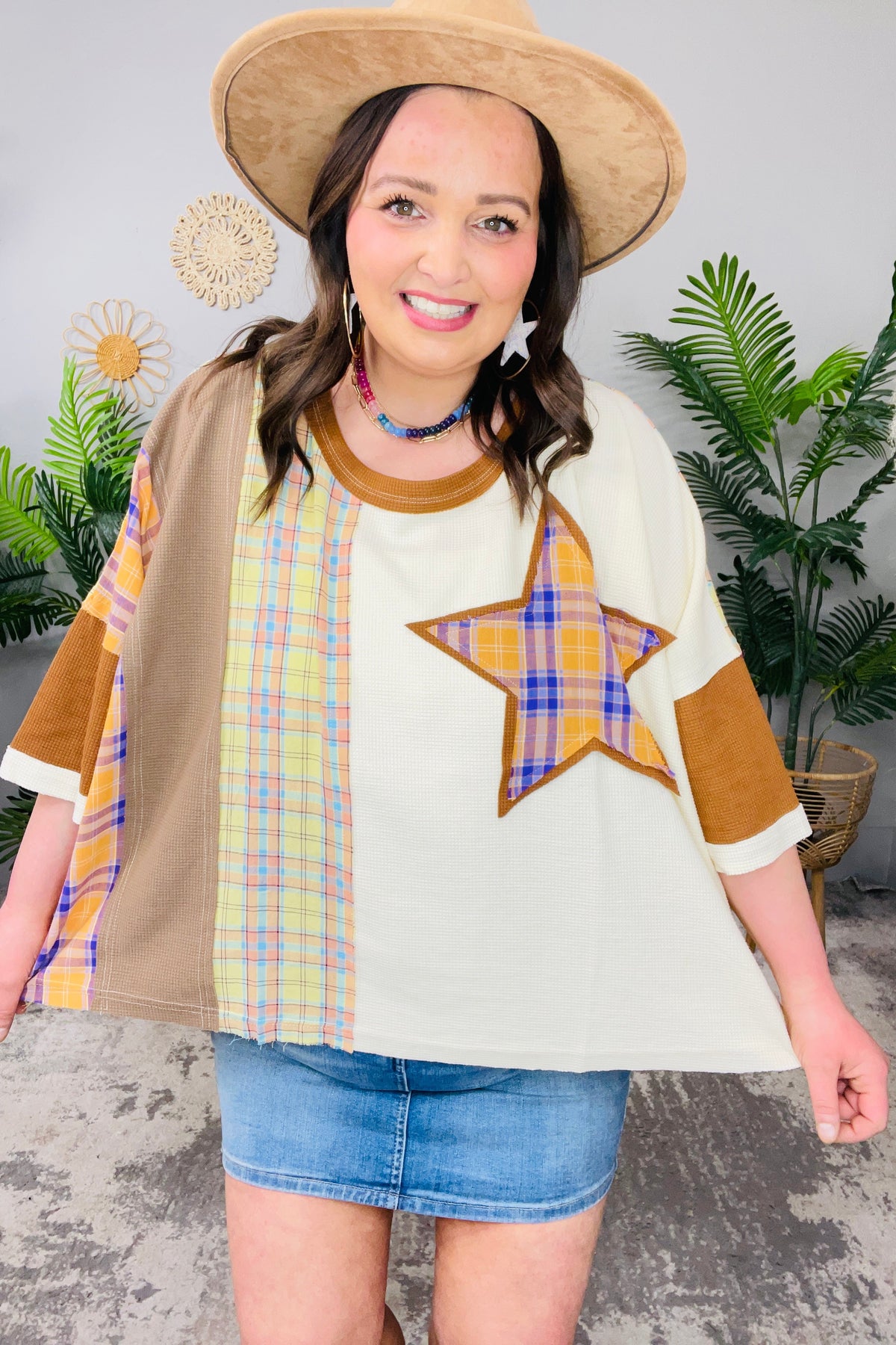 Written In The Stars Plaid Star Patch Top