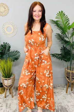 Easy Does It Floral Ruffle Square Neck Smocking Jumpsuit