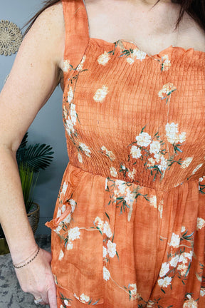 Easy Does It Floral Ruffle Square Neck Smocking Jumpsuit