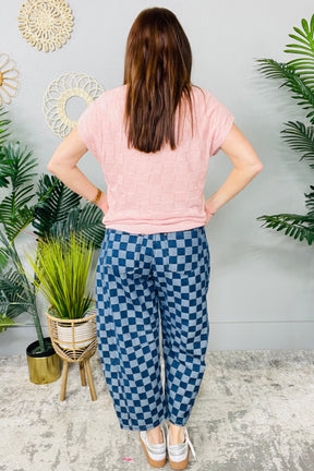Check Please Barrel Style Leg Checkered Print Jeans