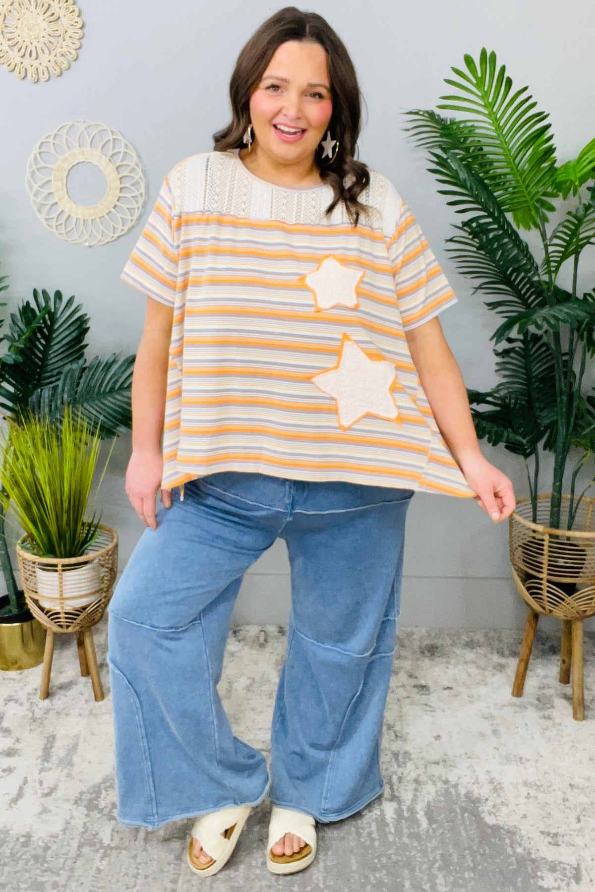 Supernova Chic Accent Striped with Star Applique Top