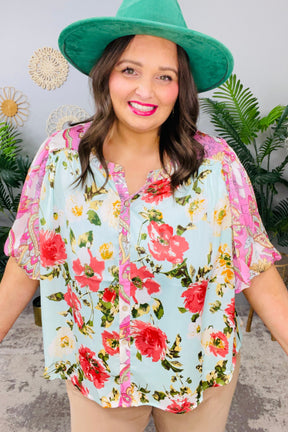 Petal Power Floral Mineral Wash French Terry Button Up Sky Blue Top - T11200BL