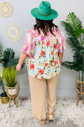 Petal Power Floral Mineral Wash French Terry Button Up Sky Blue Top - T11200BL