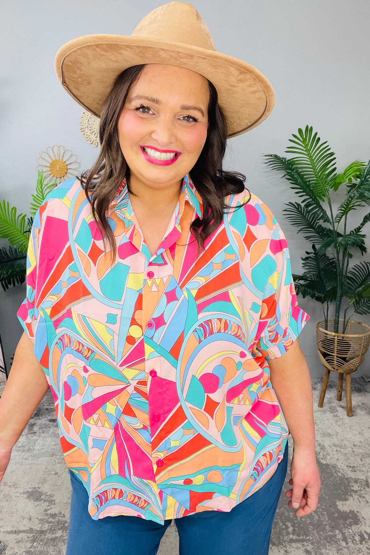 Wide Eyed Abstract Print Batwing Blouse - T11369MU