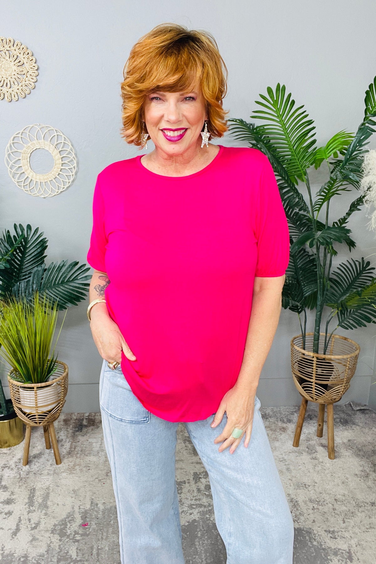 Slay In Solid Fuchsia Puff Sleeve Top