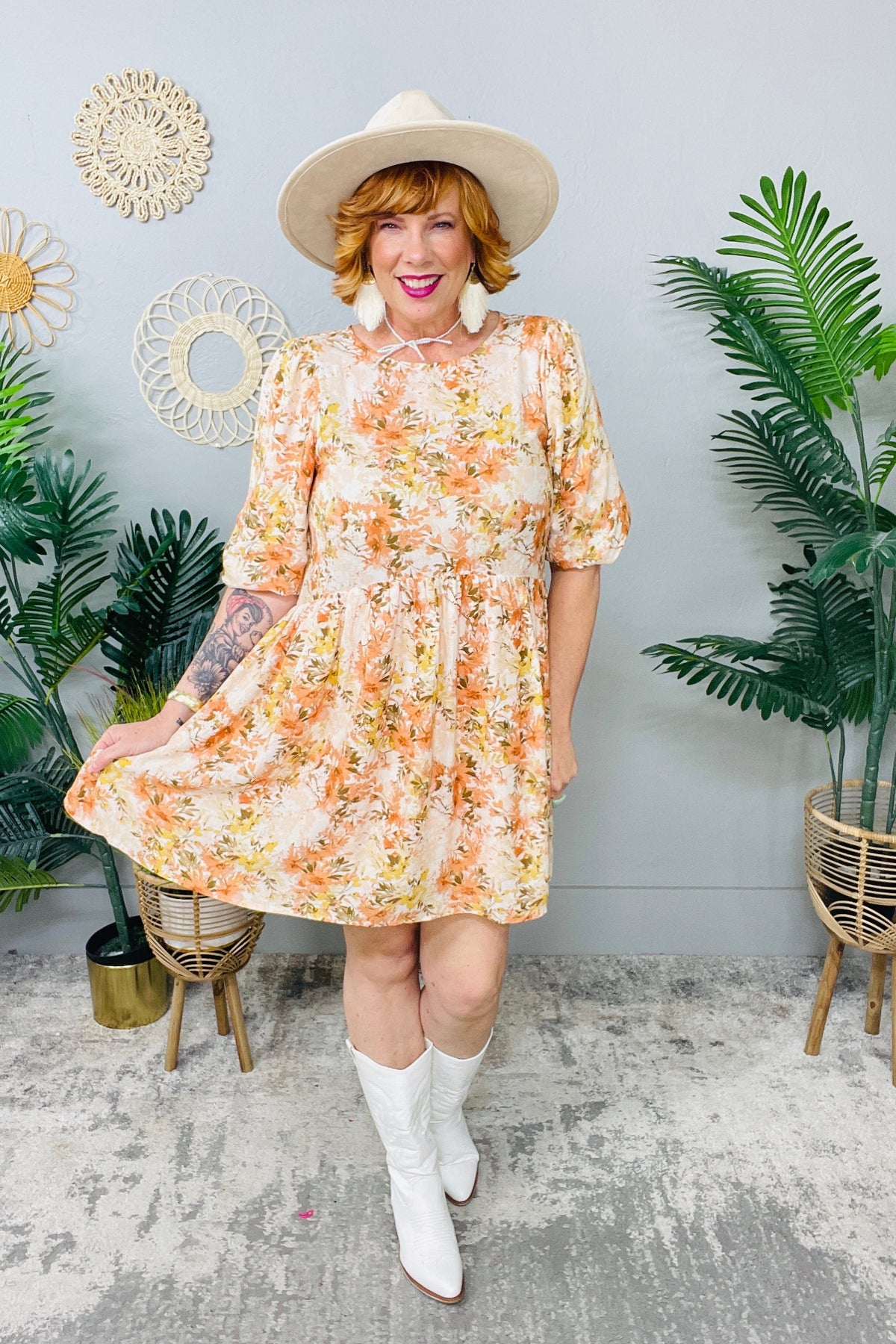 Flirty And Thriving Flower Print Linen Babydoll Dress