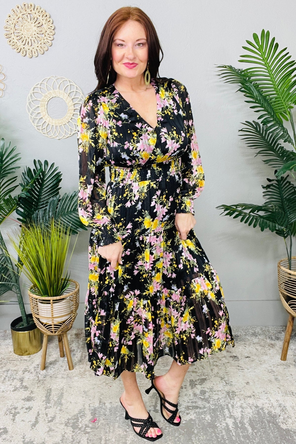 My Best Behavior Flower Print Satin Smocked Dress