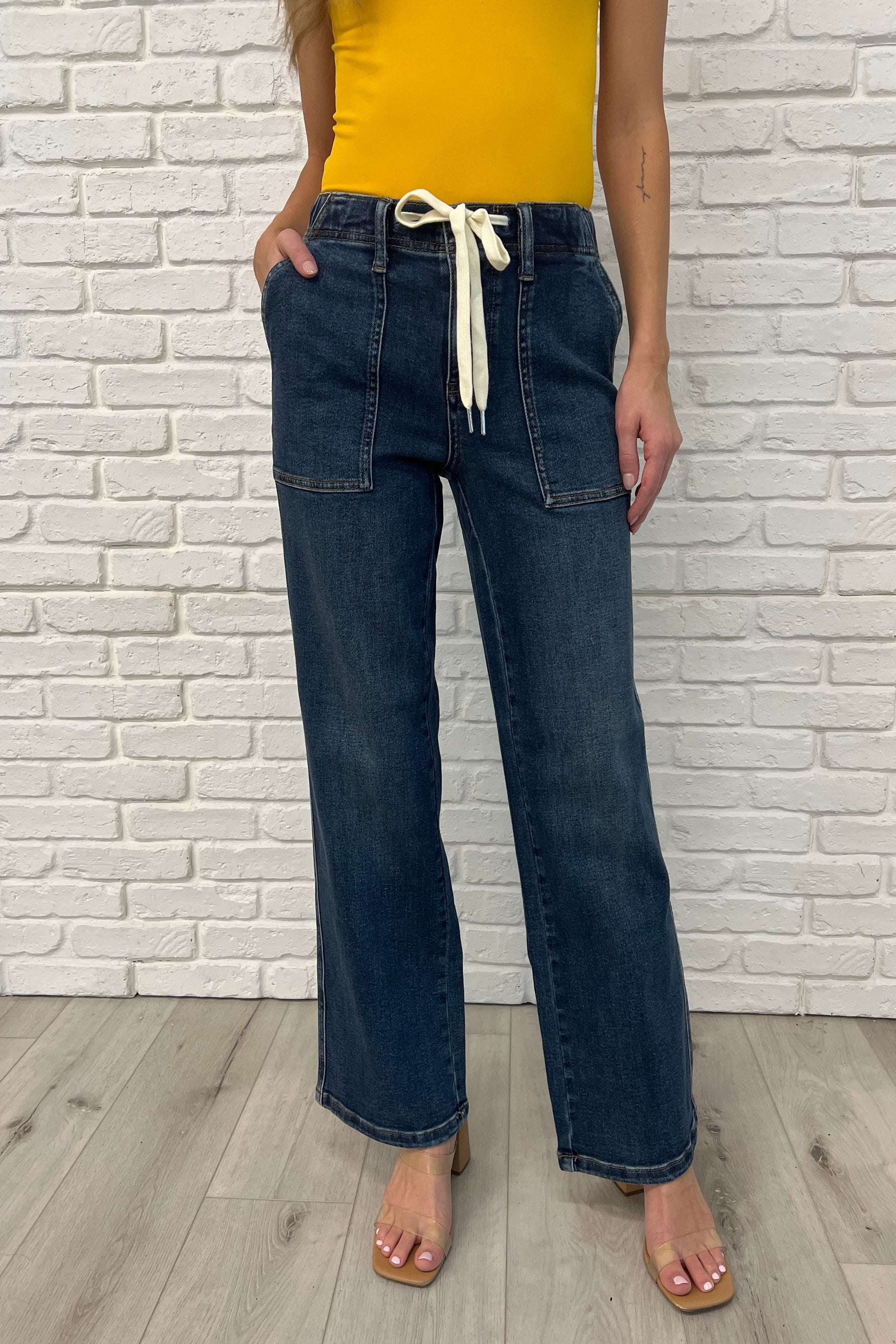 Melanie High Rise Drawstring Wide Leg Jeans