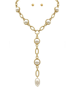 Gold With Pearl Bead Y Necklace - N047PR