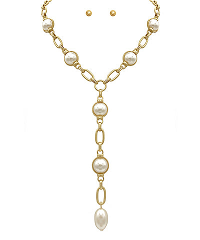 Gold With Pearl Bead Y Necklace - N047PR