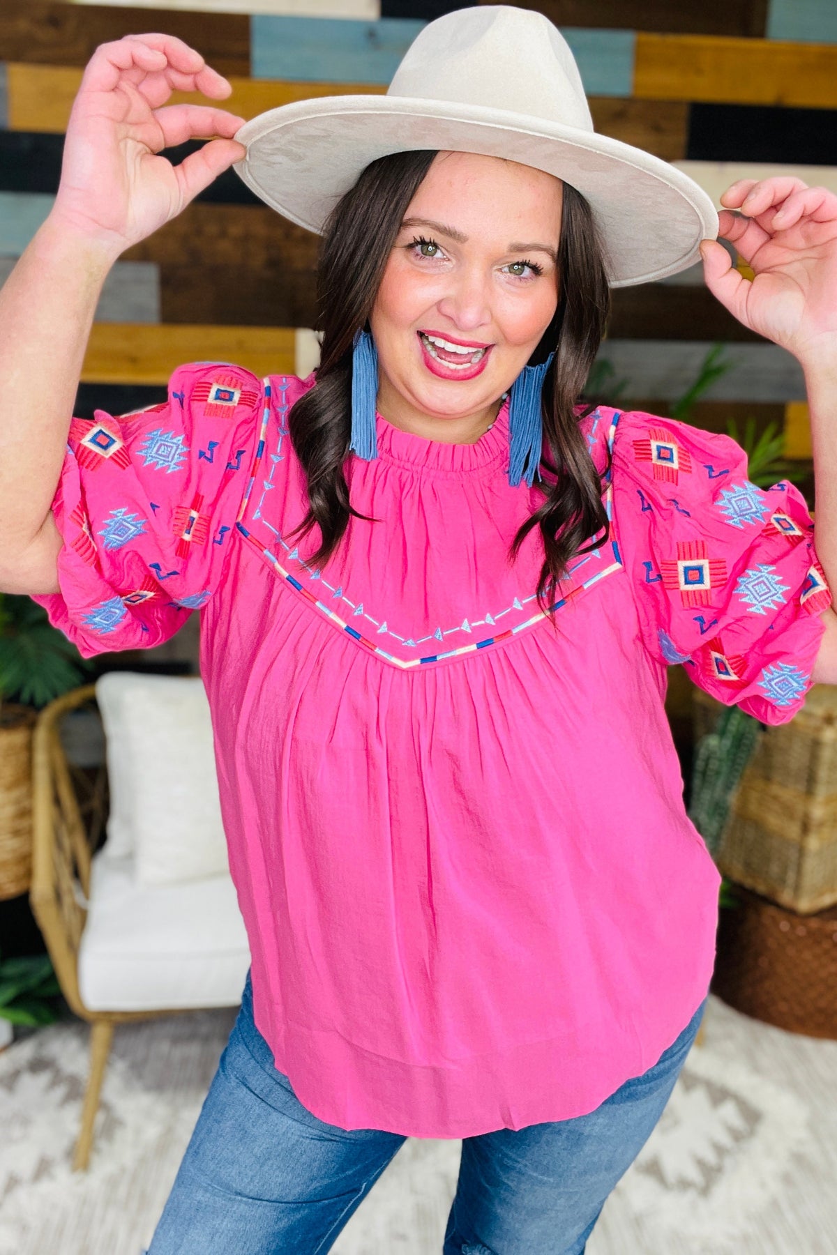 Girly Chic Hot Pink Embroidered Puff Sleeve Top- T11292HP