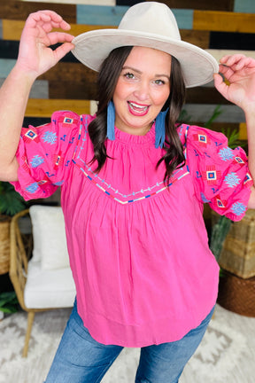 Girly Chic Hot Pink Embroidered Puff Sleeve Top- T11292HP
