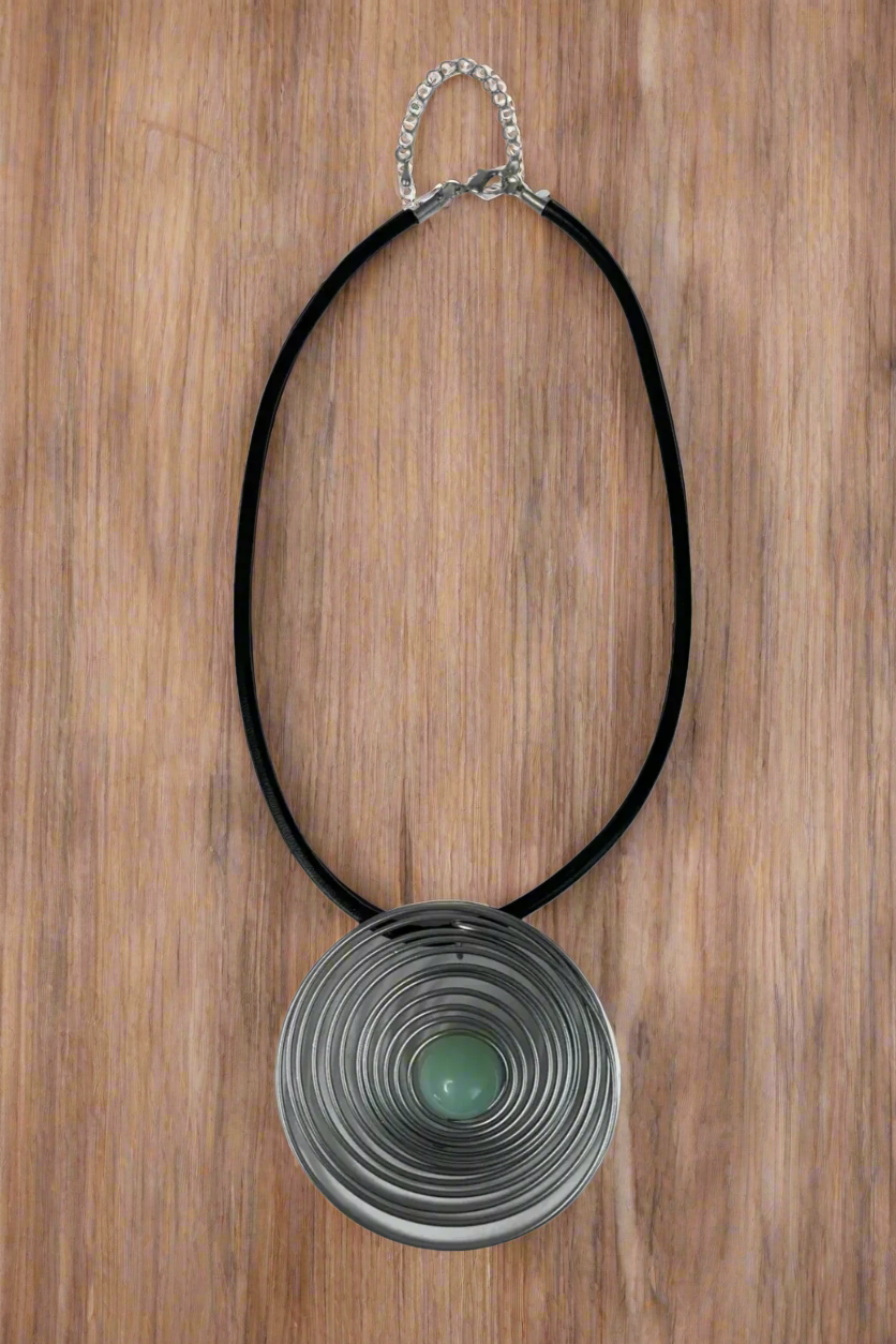 Silver Spiral with Light Green Stone on Black Cord Necklace - NEK4423SI