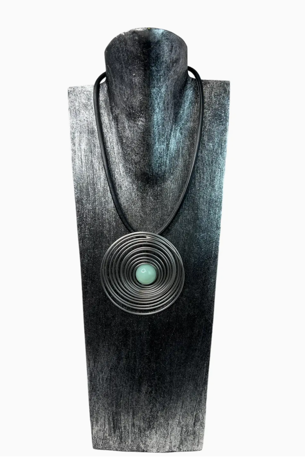 Silver Spiral with Light Green Stone on Black Cord Necklace - NEK4423SI