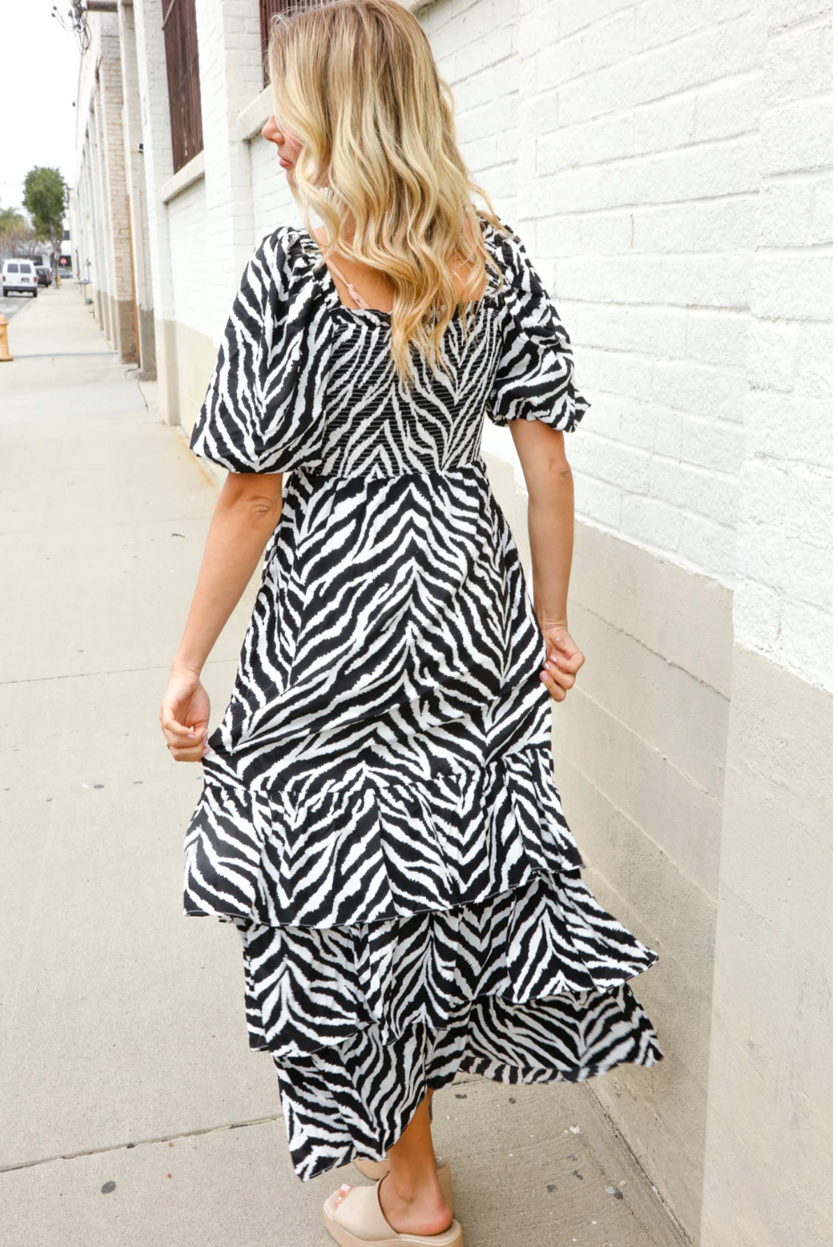 Look My Way Black/White Abstract Print Smocked Neck Maxi Dress