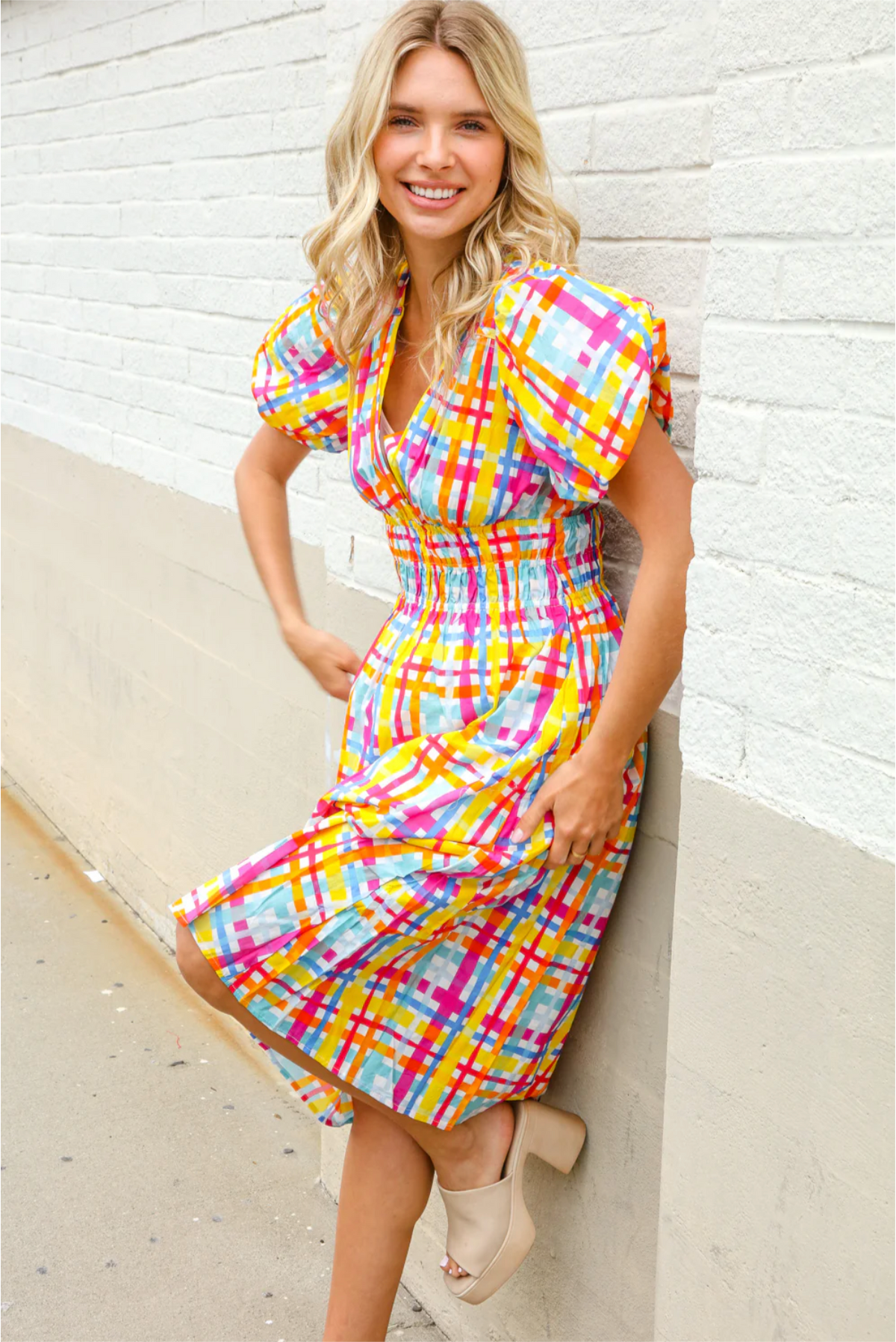 Charming in Multicolor Cotton Plaid Puff Sleeve Sweetheart Neck Dress