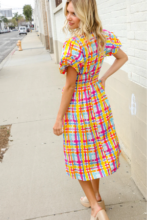Charming in Multicolor Cotton Plaid Puff Sleeve Sweetheart Neck Dress