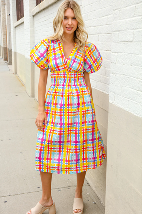Charming in Multicolor Cotton Plaid Puff Sleeve Sweetheart Neck Dress