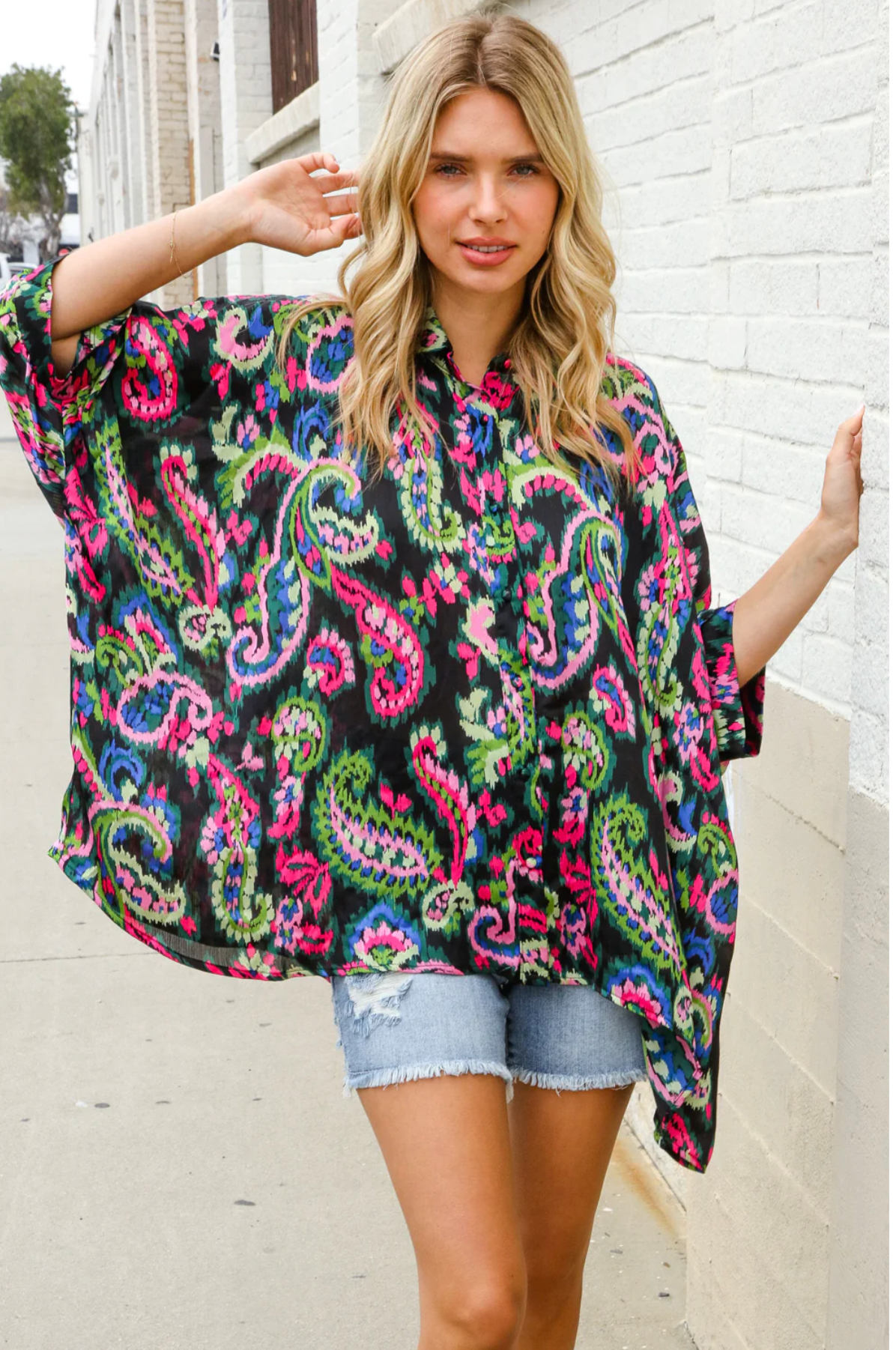 Find Love Back Paisley Print Button-Down Dolman Sleeve Blouse