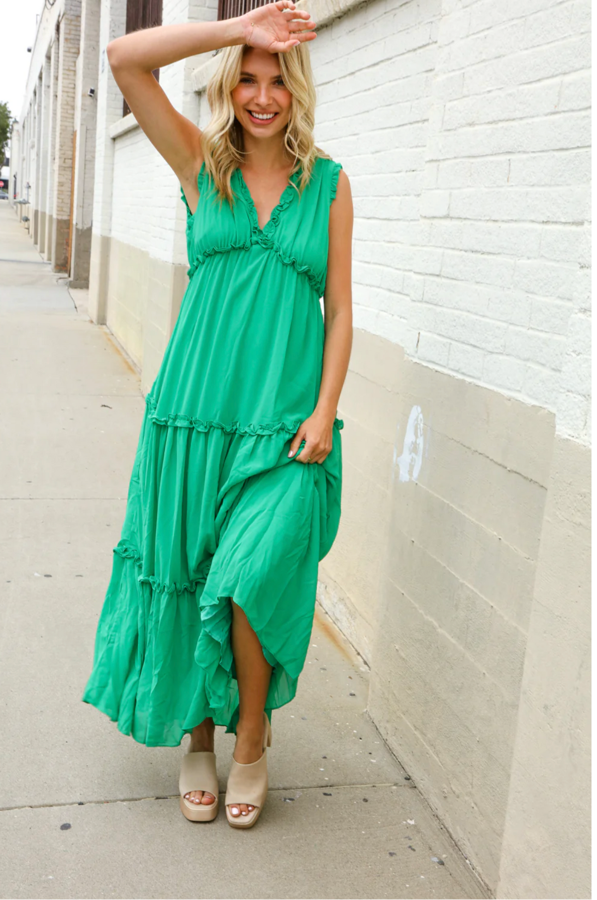 Find Love Green Sleeveless V Neck Frill Ruffle Tiered Lined Maxi
