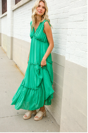 Find Love Green Sleeveless V Neck Frill Ruffle Tiered Lined Maxi