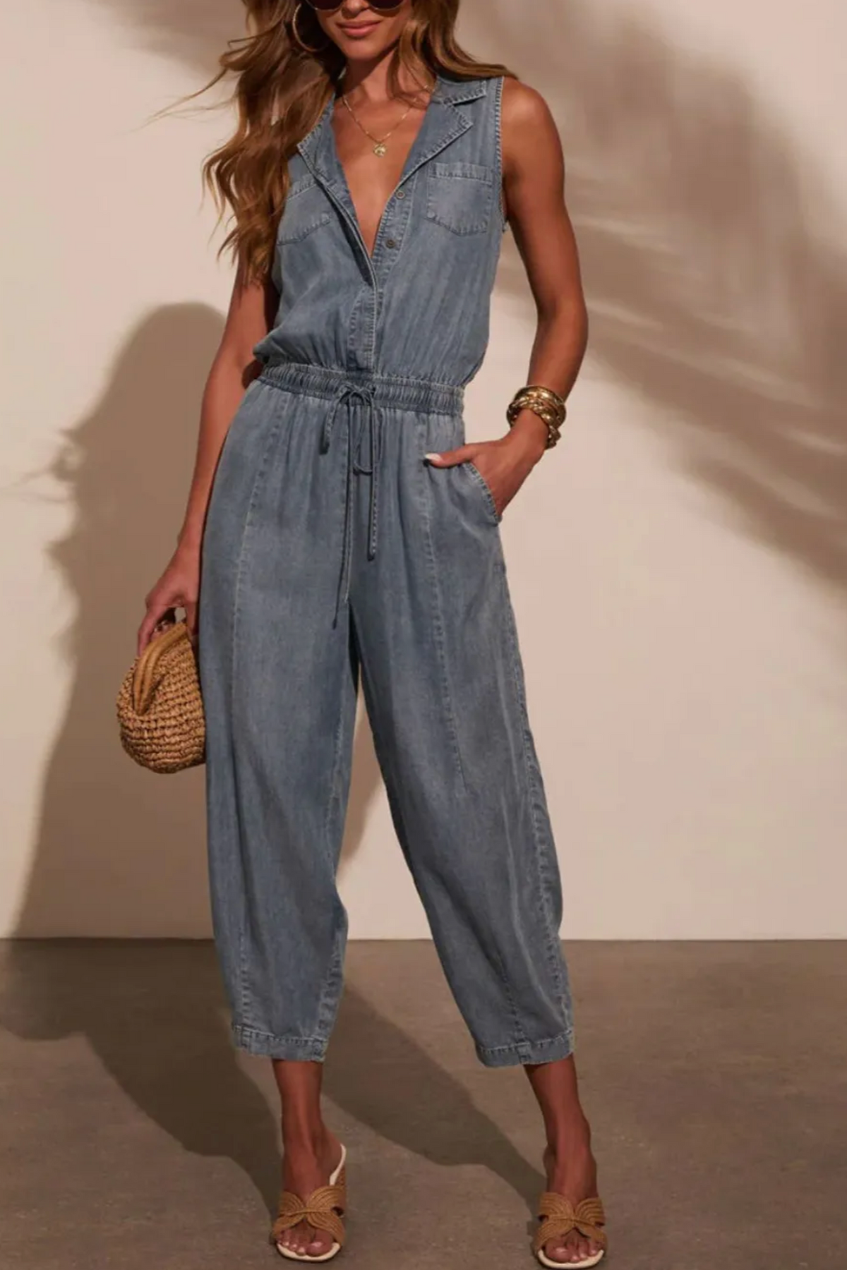Sleeveless Drawstring Waist Washed Denim Jumpsuit RMP865DN
