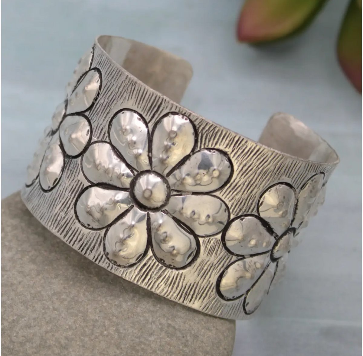 Embossed Silver Flower Cuff Bracelet - B023SI
