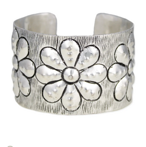 Embossed Silver Flower Cuff Bracelet - B023SI