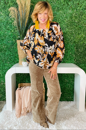 Simply Autumn Leaf Print Balloon Sleeve Top - S100MU