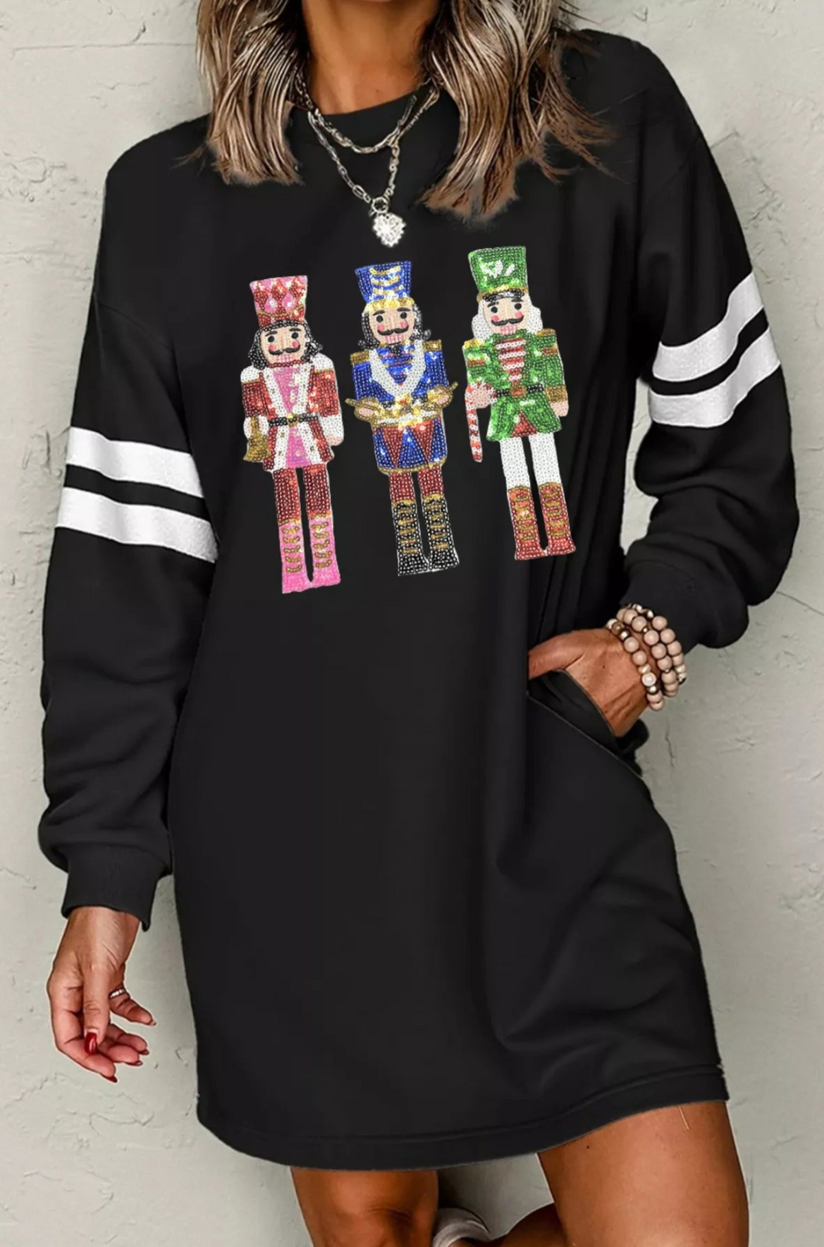 Christmas Sequin Nutcracker Sweatshirt Dress - DR045BK