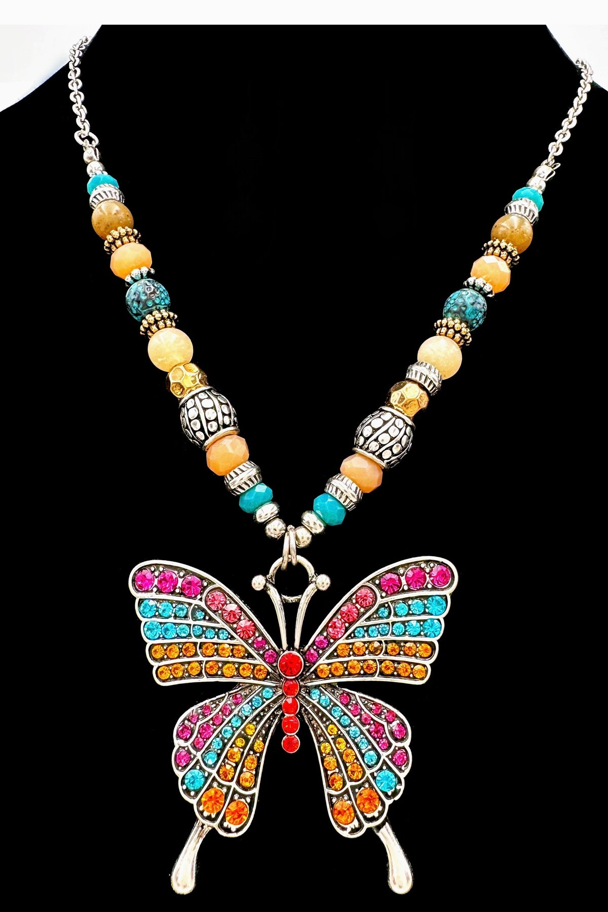 Colorful Butterfly Pendant Beaded Necklace - N098SI